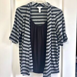 Striped Gray and Black Cardigan with Black Top